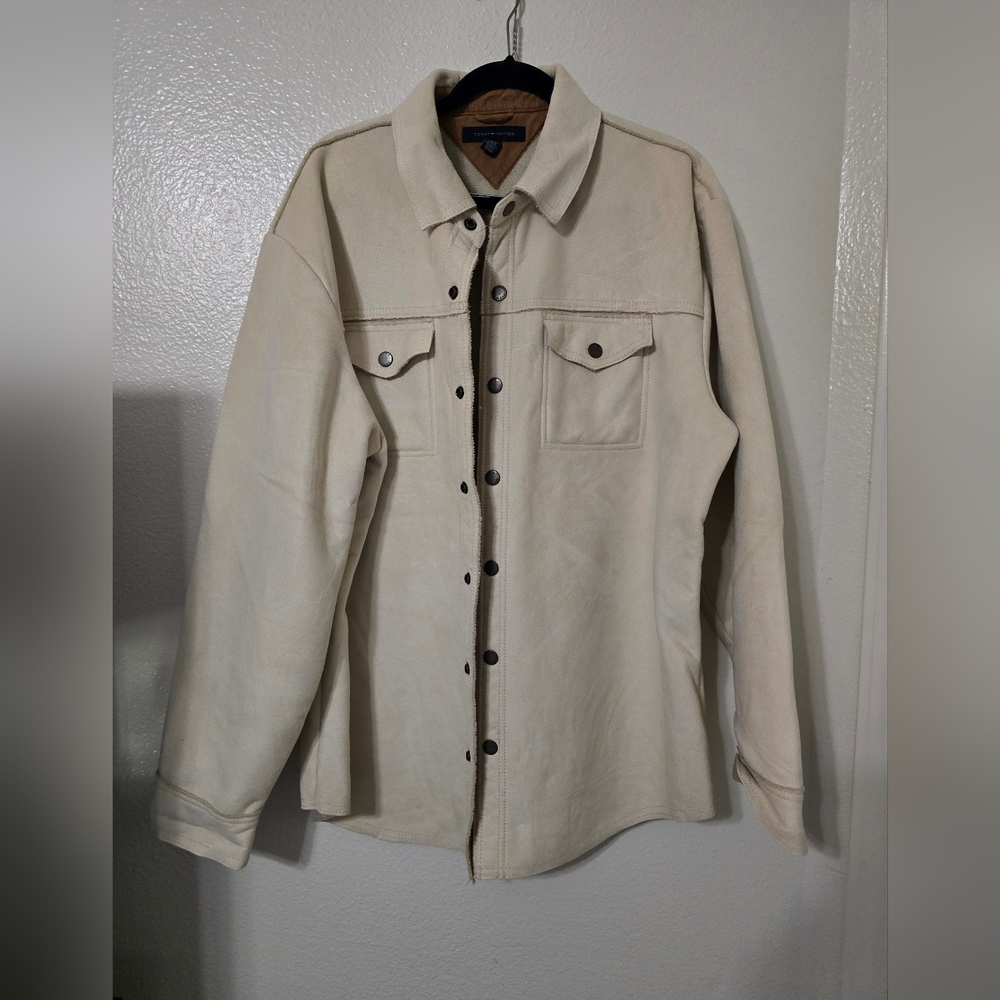 Tommy Hilfiger Jacket Mens XL Beige Faux Suede Sherpa Fleece Lined Snap Coat - Picture 2 of 4